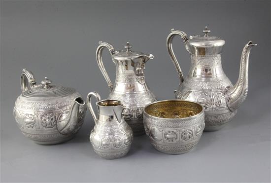 A good Victorian five piece silver tea and coffee service by Frederick Elkington, gross 80.5 oz.